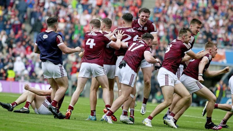 Galway celebrate their penalty shoot-out win over Armagh