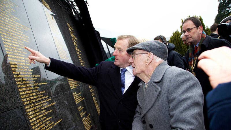 Taoiseach Enda Kenny with Thomas Meleady (95), whose great-uncle Thomas Meleady is named on the wall, at the unveiling of the Necrology Wall at Glasnevin Cemetery in Dublin. Picture by Lensmen, Press Association