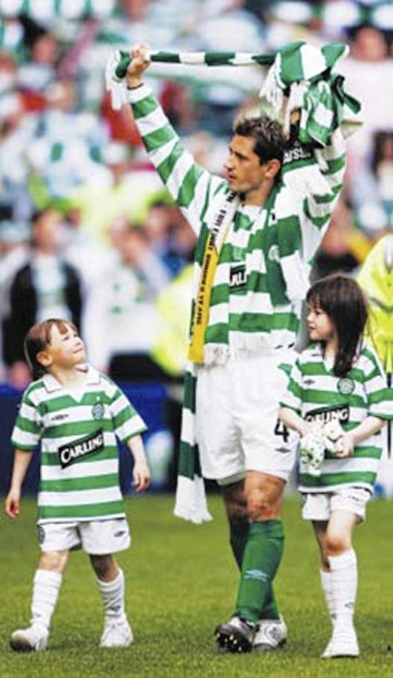 HEAD BHOY: Jackie McNamara salutes the Celtic fans after his testimonial match at Celtic Park on Sunday May 29 2005 