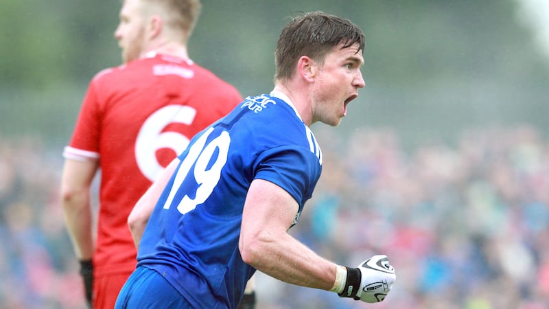 Dessie Mone celebrates a crucial second half point in Monaghan's win over Tyrone Picture by Margaret McLaughlin
