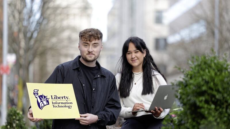 Liberty IT&#39;s Ronan Lavery (associate talent acquisition specialist) and Gina Lonergan (apprentice software engineer) pictured as the firm launches a drive to recruit 10 new apprentice software engineers. Picture: William Cherry/PressEye 