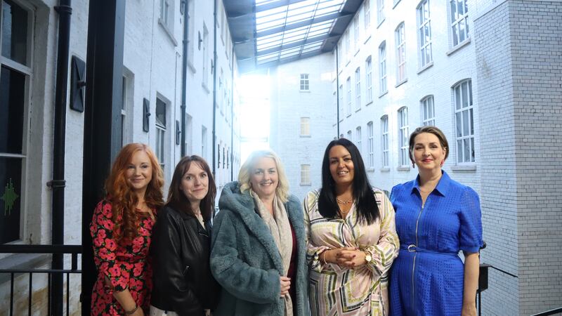 Treasa Rice, CEO Glow NI, Catherine Angelone, Glow participant, Junior Minister Cameron, Marian O'Neill, Glow participant and Renée O'Cleary, Chair of the Glow NI Board