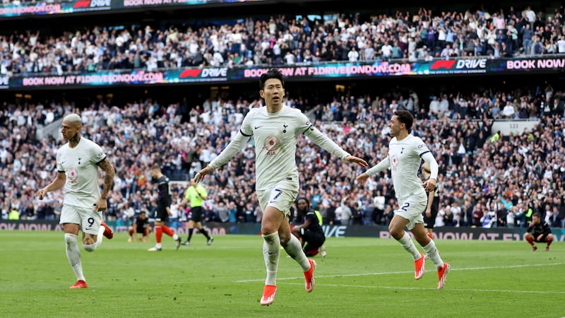 Son Heung-Min celebrates scoring Tottenham’s winner against Luton