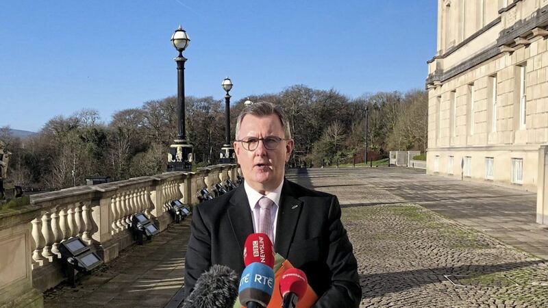 DUP leader Sir Jeffrey Donaldson speaks to the media about the controversial move to reintroduce double jobbing for MLAs and MPs. Picture by David Young/PA Wire