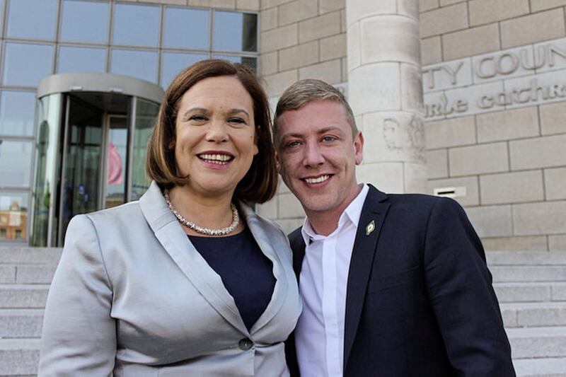 Jonathan Dowdall with Sinn Féin deputy leader Mary Lou McDonald before his resignation from the party