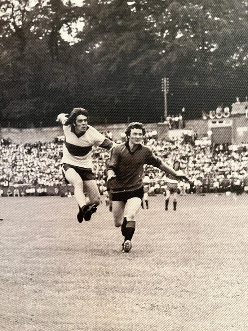 Mickey Lynch in action during the 1975 Ulster final win over Down, where he kicked five points from play in a man-of-the-match display.