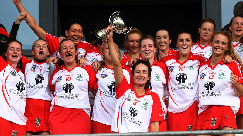 <br />Loughgiel camogs celebrate after landing the Ulster senior title for the second year in-a-row with a 1-14 to 1-9 over Slaughtneil at the Athletic Grounds in Armagh on Sunday. Picture by Seamus Loughran