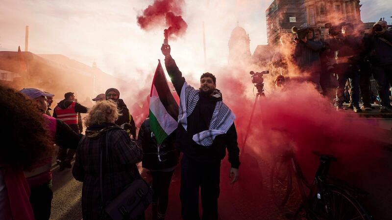People gather to take part in a pro-Palestinian rally in Berlin on Saturday (Joerg Carstensen/dpa/AP)