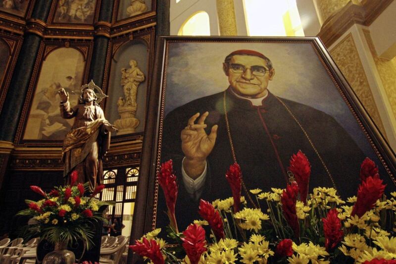 Sally O&#39;Neill worked with Archbishop Oscar Romero in El Salvador shortly before his assassination in 1980. He is due to be canonised next month. His portrait is displayed in the Metropolitan Cathedral in San Salvador. Picture by AP Photo/Salvador Melendez 