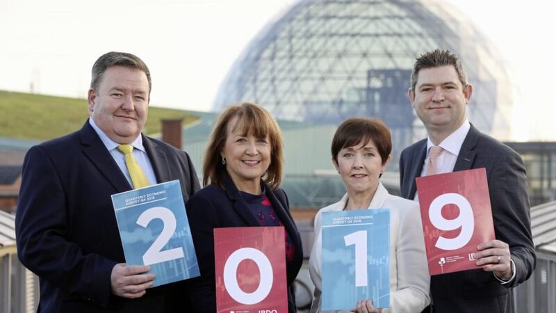 Launching the latest quarterly survey are (from left) Brian Murphy (BDO), Ann McGregor (NI Chamber), Maureen O&rsquo;Reilly (economist for the QES) and Chris Morrow (NI Chamber) 