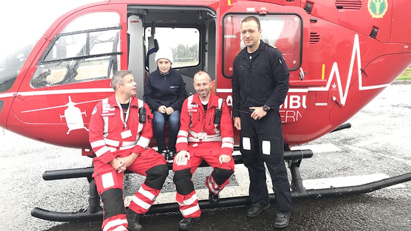 Pictured at the launch of the Air Ambulance are (left to right) Dr Darren Monaghan, 11-year-old Conor McMullan who was taken to hospital by the new service after a tractor accident, paramedic Glenn O'Rorke and pilot David O'Toole&nbsp;