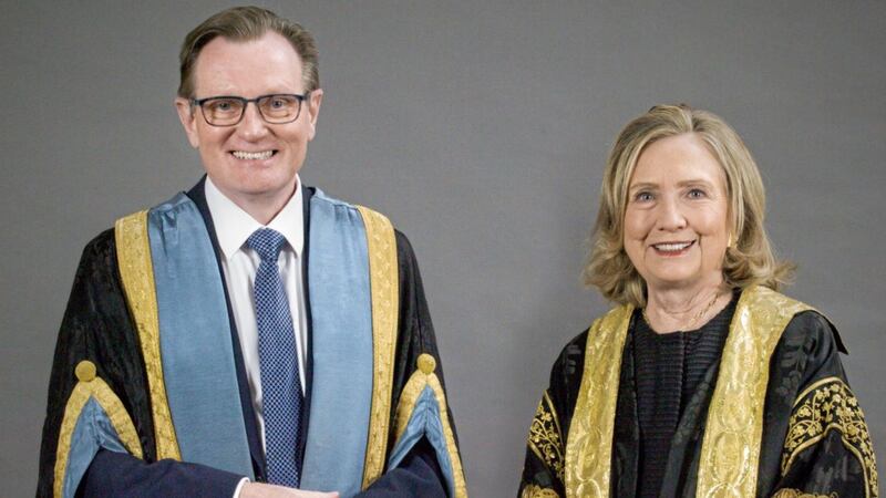 President and vice-chancellor of Queen&rsquo;s University Professor Ian Greer and Queen&rsquo;s Chancellor Secretary Hillary Clinton 