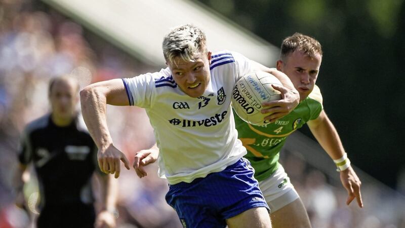 30 June 2018; Conor McCarthy of Monaghan in action against Michael McWeeney of Leitrim during the GAA Football All-Ireland Senior Championship Round 3 match between Leitrim and Monaghan at P&aacute;irc Se&aacute;n Mac Diarmada in Carrick-on-Shannon, Leitrim. Photo by Daire Brennan/Sportsfile 