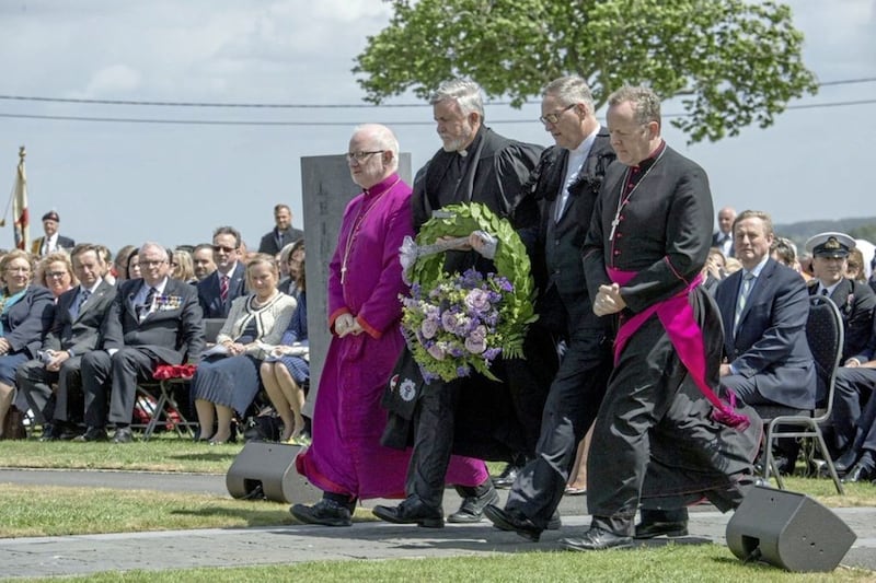 Irish Church leaders lay a wreath at the centenary commemorations for the Battle of Messines on their visit to the Messines Peace Park in Belgium in June. Pictured, left to right, are Archbishop Richard Clarke, Rev Bill Mullally, Rev Frank Sellar and Archbishop Eamon Martin. 