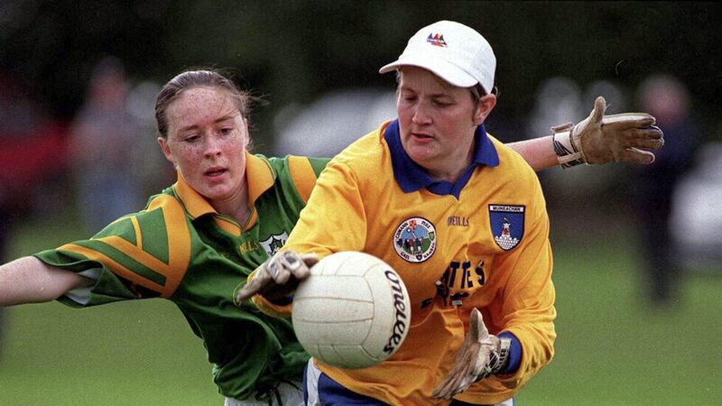 Brenda McAnespie of Monaghan in action against Christine O&#39;Brien of Meath during the 1988 Bank of Ireland All-Ireland Senior Ladies Football Championship Semi-Final match between Meath and Monaghan at Summerhill GAA in Meath  Picture: David Maher/Sportsfile 