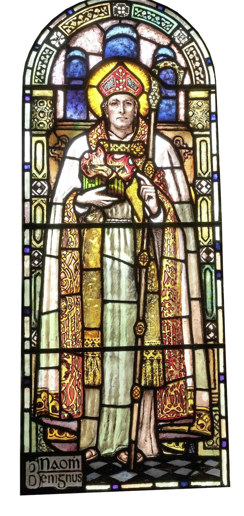 A window depicting St Benignus, one of the 23 stained glass windows in the Convent Chapel at Mount Lourdes in Enniskillen 