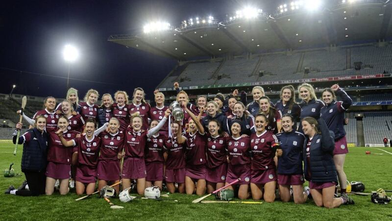 REPRO FREE***PRESS RELEASE NO REPRODUCTION FEE*** EDITORIAL USE ONLY Littlewoods Ireland Camogie League Division 1 Final, Croke Park, Dublin 9/4/2022 Cork vs Galway Galway celebrate after the game Mandatory Credit &copy;INPHO/Lorraine O&rsquo;Sullivan 