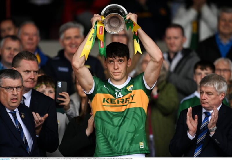 Kerry captain David Clifford lifts the Munster Cup after his side's win over Clare in Sunday's Munster SFC final at the Gaelic Grounds in Limerick    Picture: Sportsfile