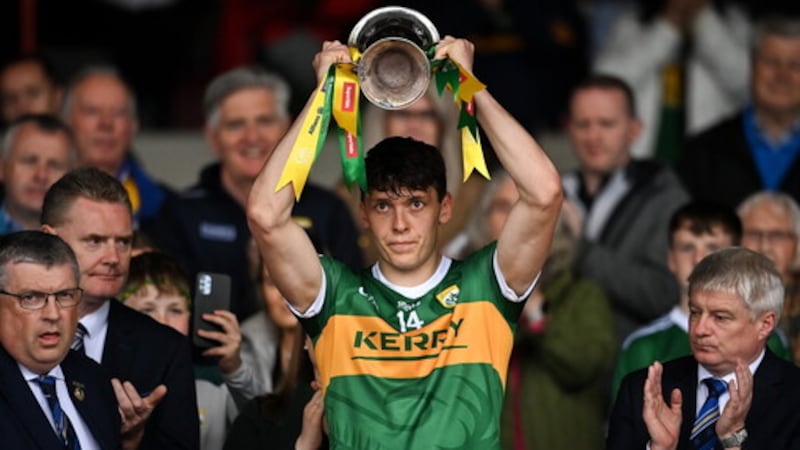 Kerry captain David Clifford lifts the Munster Cup after his side's win over Clare in Sunday's Munster SFC final at the Gaelic Grounds in Limerick    Picture: Sportsfile