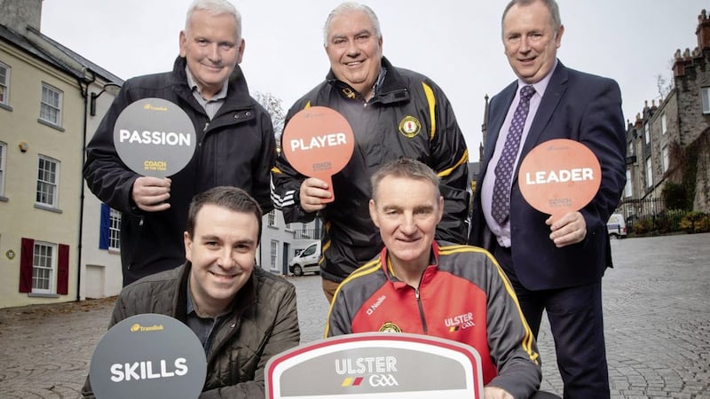 Pictured at the shortlisting session for the Translink Ulster GAA Coach of the Year awards in Armagh recently are, back from left. Ulster Council PRO Michael Geoghegan, All-Ireland winning manager Joe Kernan, Translink service delivery manager Gerry Darcy and, front, Irish News sports journalist Neil Loughran and Ulster Council coaching development officer Roger Keenan 