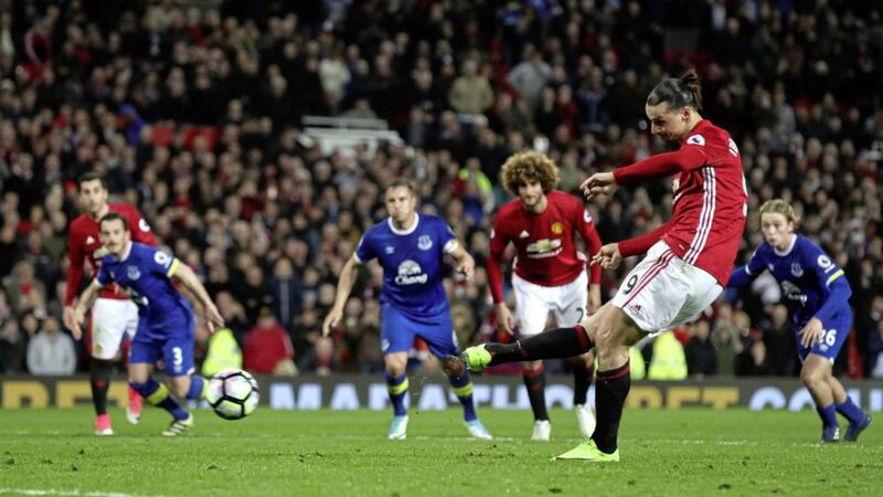 Manchester United&#39;s Zlatan Ibrahimovic scores the equalising penalty in injury-time of the Premier League match against Everton 