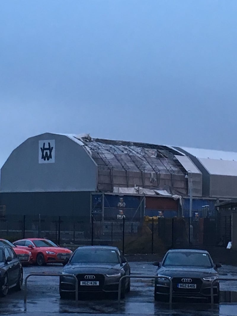 &nbsp;A sizeable chunk of a factory roof at Harland and Wolff&nbsp;has been ripped off by Storm Eleanor. Picture by Paul Semple @paulsemps75.<br />&nbsp;