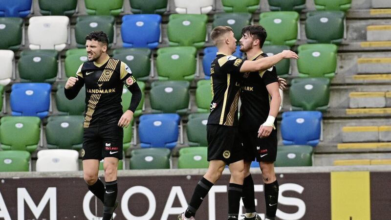 Larne&#39;s Lee Bonis celebrates after scoring in his side&#39;s 4-2 win over Linfield at Windsor Park last weekend. The Inver Park men are back in Belfast tonight in a top of the table clash with Glentoran 
