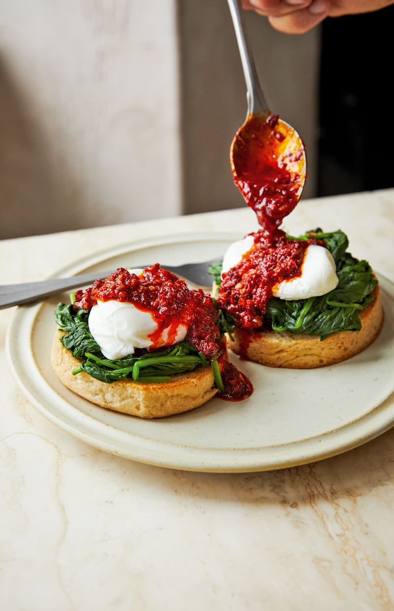 Poached eggs with ‘nduja butter and spinach