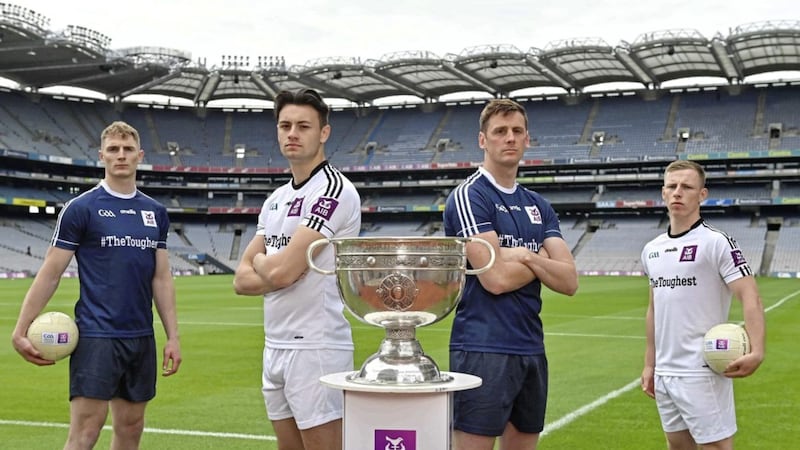In attendance at Croke Park with the Sam Maguire during the AIB All-Ireland Senior Football Championship launch are, from left, Daniel Flynn of Kildare, Paul Donaghy of Tyrone, Conor Sweeney of Tipperary and Ryan O&#39;Donoghue of Mayo. Photo by Brendan Moran/Sportsfile 