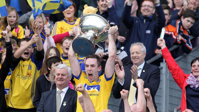 Roscommon&#39;s Michael Kelly lifts the Nicky Rackard Cup after a dramatic win over Armagh Croke Park. Picture by Philip Walsh 