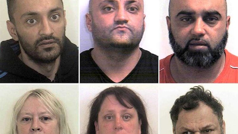 Undated handout file photos issued by South Yorkshire Police of (left to right top) brothers Arshid Hussain (40), Basharat Hussain (39), and Bannaras Hussain (36) and, left to right bottom, Karen MacGregor (58), Shelley Davies (40) and Qurban Ali (53), who were yesterday sentenced at Sheffield Crown Court after a series of women told a jury how they were sexually, physically and emotionally abused in the South Yorkshire town when they were in their early teens 