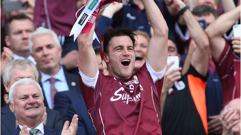 Galway captain David Burke lifts the Liam Mac Carthy Cup after their All-Ireland SHC final win over Waterford at Croke Park last September&nbsp;