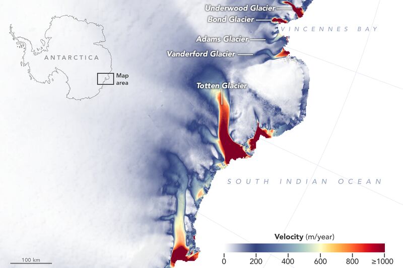A group of four glaciers in an area of East Antarctica called Vincennes Bay, west of the massive Totten Glacier, have lowered their surface height by about 9 feet since 2008, hinting at widespread changes in the ocean