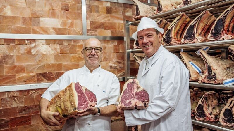 Peter Hannon (right), owner of Moira-based multi-Great Taste Award winner Hannan Meats, pictured with Newcastle-upon-Tyne chef and restaurateur Terry Laybourne 