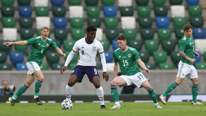 The USA's Yunus Musah and Northern Ireland's Jordan Thompson in action during Sunday's international friendly at Windsor Park<br />Picture by PA&nbsp;&nbsp;