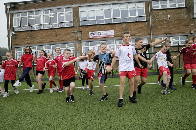 Pupils from St Mary&#39;s PS, Pomeroy perform a special Tyrone Tik Tok dance routine ahead of the All-Ireland final. Picture by Hugh Russell 