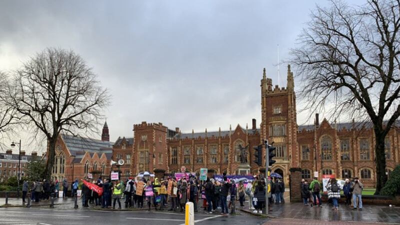 Staff at the Queen's University, Belfast, taking part in a three day strike action over pay, conditions and pensions. Picture by  UCUQueens/PA Wire&nbsp;