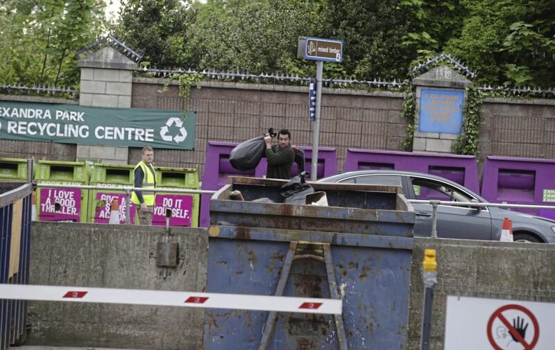 The scene at Alexandra Park recycling centre iin North Belfast as it reopens from today, as part of the first steps to ease lockdown.Picture by HUgh Russell. 