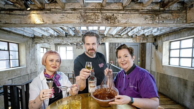 Mixologist Emily Doherty, Paul Kane from Belfast Whiskey Week, and Geri Martin from The Chocolate Manor. 