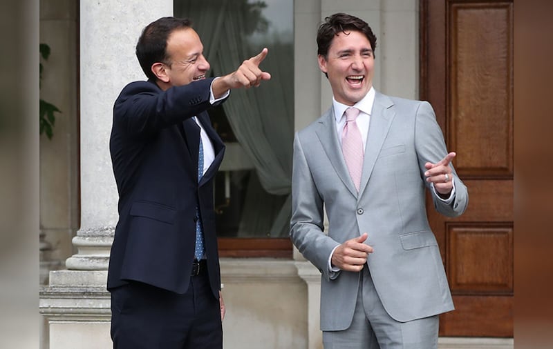 Canadian Prime Minister Justin Trudeau (right) is welcomed to Farmleigh House in Dublin by Taoiseach Leo Varadkar. Picture by&nbsp;Niall Carson, PA Wire