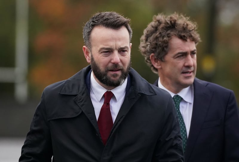 SDLP leader Colum Eastwood (left) arrives for the Requiem Mass of Austin Currie at the Church of the Immaculate Conception in Allenwood, Co Kildare. Picture by Brian Lawless/PA Wire&nbsp;