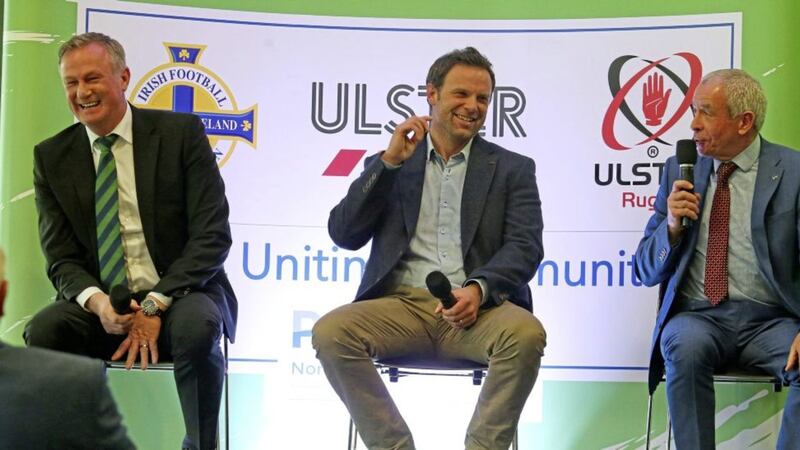 Michael O&#39;Neill, Bryn Cunningham and Pete McGrath share a joke at Wednesday&#39;s &#39;Sport Uniting Communties&#39;. McGrath has expressed his dismay that their last NFL game with Meath may not take place Picture by Mal McCann 