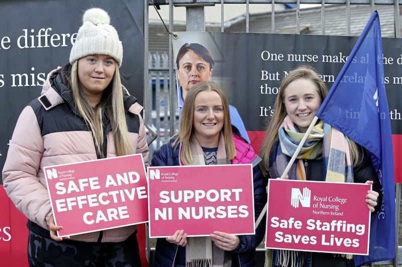 Newly qualified paediatric cardiology nurses Robyn Poots, Hannah Jones, Sarah Hayes spoke about &quot;overwhelming&quot; pressures the face due to short staffing. They joined their colleagues on the picketline on their day off. Picture by Mal McCann