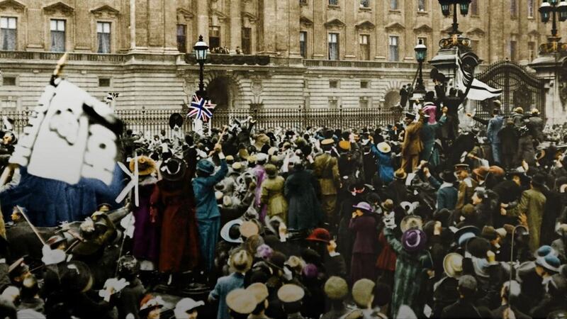 Images of the scenes after the conflict ended have been given a colour update 100 years on.
