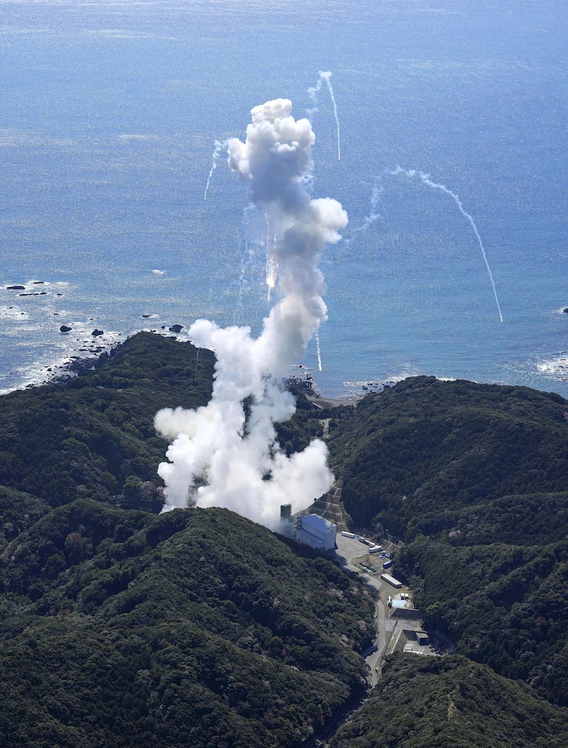 A Space One’s Kairos rocket explodes after liftoff from a launch pad in Kushimoto, Wakayama prefecture, western Japan (Kyodo News via AP)