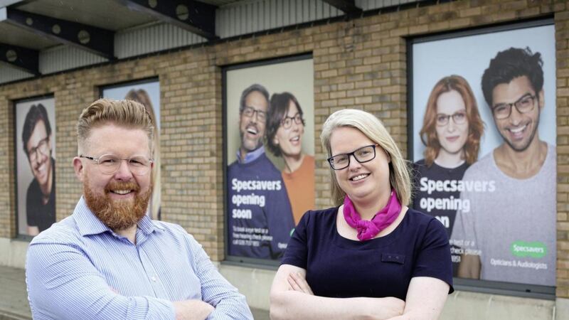 Specsavers directors Sean McCauley and Maeve Walsh pictured outside the new store in Derry&#39;s Crescent Link retail park 