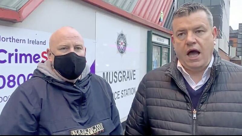  Mark Sykes outside Musgrave Street police station in Belfast with his solicitor Niall Murphy  