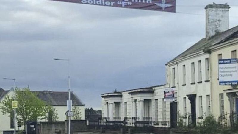 A &#39;Soldier F&#39; banner similar to this one was removed by officials in Lurgan on Saturday after it partially fell. Picture by Armagh i. 