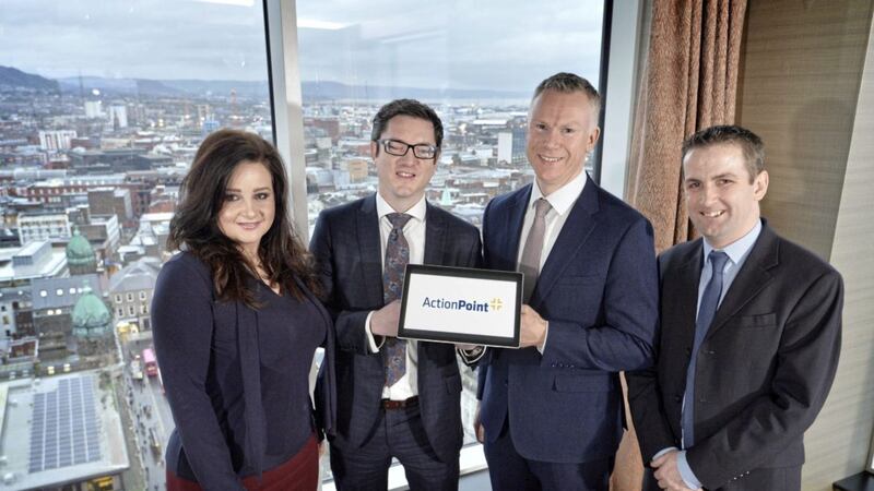 Pictured are: Jessica McIlwaine, commerical technology director, P2V Systems; Stephen McCann, CEO, P2V Systems; David Jeffreys, CEO, ActionPoint; and John Savage, CTO, ActionPoint. Picture by Stephen Hamilton / Press Eye 