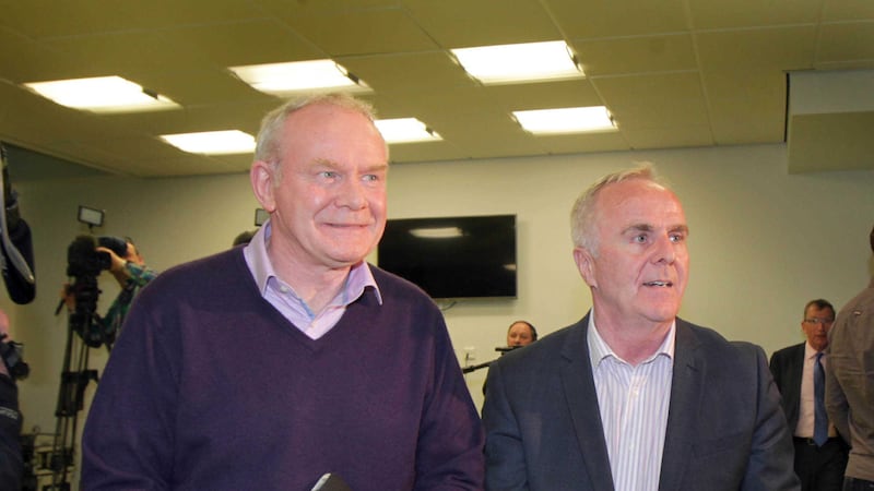 Martin McGuinness with Raymond McCartney at the NI Assembly election count at the Foyle arena in Derry. Picture by Margaret McLaughlin&nbsp;